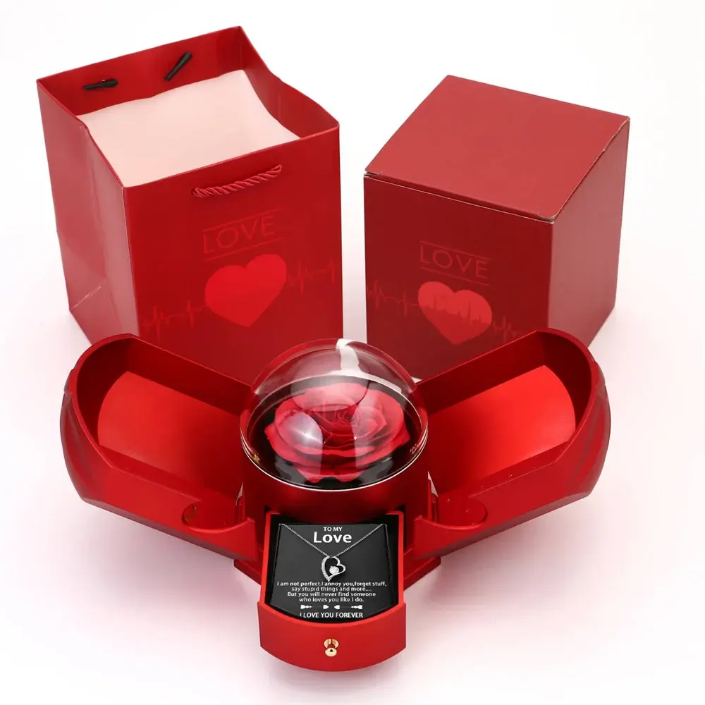 Double open rose gift box drawer style rose jewelry box angel wings Chinese Valentine's Day necklace gift box image 2