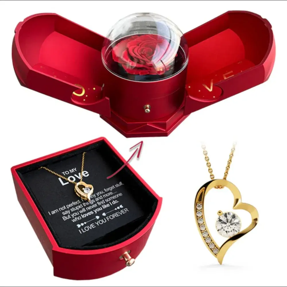 Double open rose gift box drawer style rose jewelry box angel wings Chinese Valentine's Day necklace gift box image 4