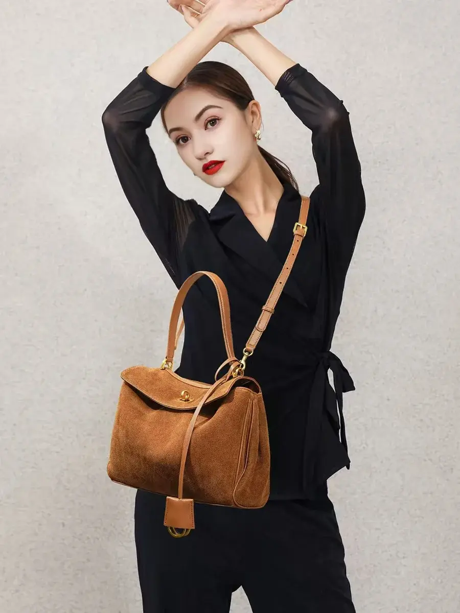 Vintage Autumn Winter Suede Matte Tote Bag, Elegant Shoulder Crossbody Kelly Bag for Women, Large Capacity Commuter Underarm Bag image 12
