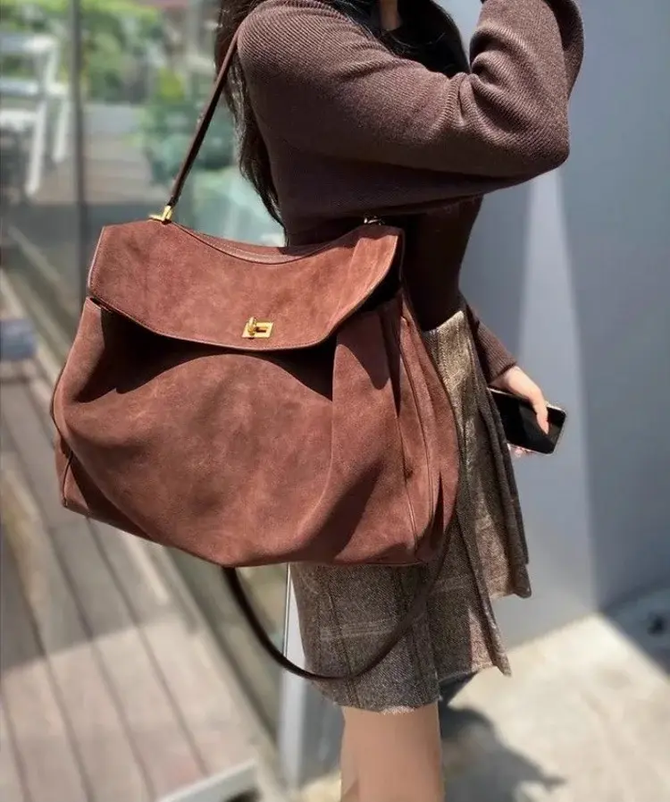 Vintage Autumn Winter Suede Matte Tote Bag, Elegant Shoulder Crossbody Kelly Bag for Women, Large Capacity Commuter Underarm Bag image 10