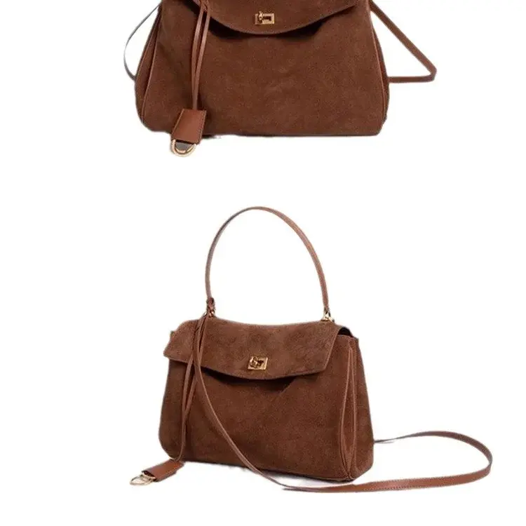 Vintage Autumn Winter Suede Matte Tote Bag, Elegant Shoulder Crossbody Kelly Bag for Women, Large Capacity Commuter Underarm Bag image 5