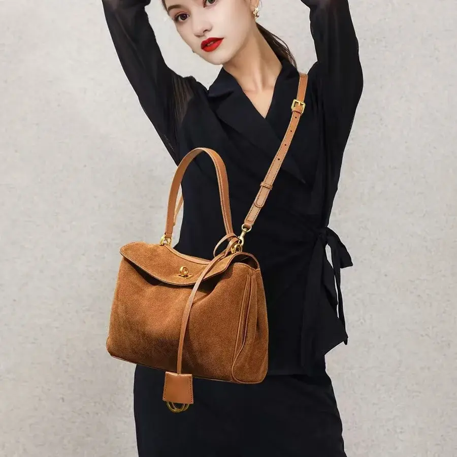 Vintage Autumn Winter Suede Matte Tote Bag, Elegant Shoulder Crossbody Kelly Bag for Women, Large Capacity Commuter Underarm Bag image 2