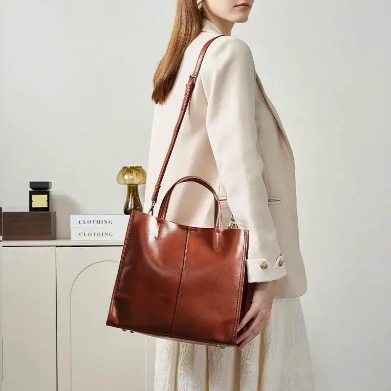 Leather Tote Bag for Women, Genuine First Layer Vegetable-Tanned Leather, Large Capacity, Fashionable and Versatile Handbag image 3