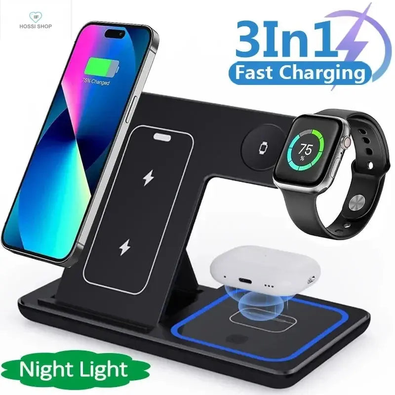 15W 3 In 1 LED Fast Wireless Charger Stand Foldable Charging Station For Smart Phone 15 14 13 12 11 IWatch 9 8 7 6 5 Airpods Pro Opansten Factory Store