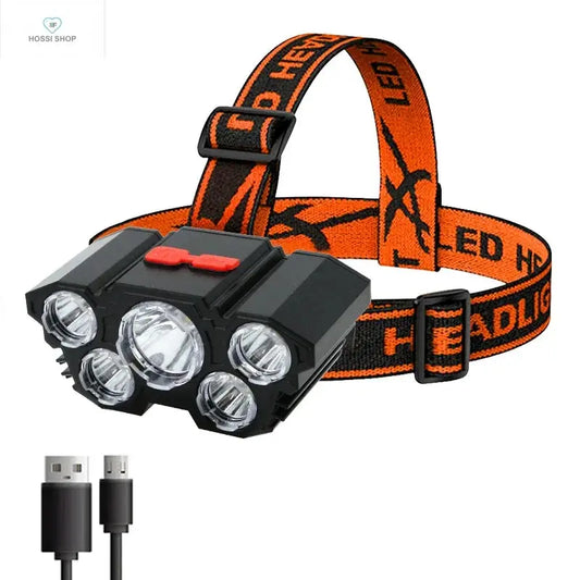 High-Quality 5 LED Rechargeable Flashlight with Built-in Battery  Strong Light Headlamp for Camping, Adventure, and Fishing Plutus-Quinn Official Store