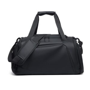 Black travel backpack, front angled view with padded top handle, shoulder strap and zip side pocket