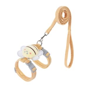 Yellow cat harness and leash set with plush bee on white