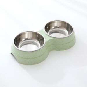 Double pet bowl with green stand and two stainless steel bowls