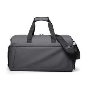 Grey duffel-style travel bag, angled front view with top carry handle and adjustable shoulder strap