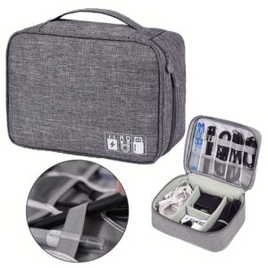 Grey electronics organizer travel bag closed and open with cables