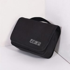 Black hanging toiletry bag closed with carry handle