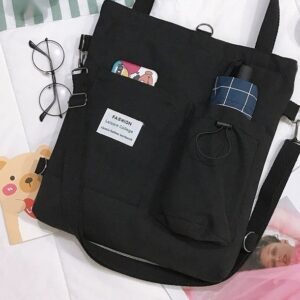 Black canvas backpack for women with printed letters