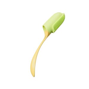 Pet finger toothbrush with lime-green brush head and yellow handle on white