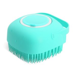 Teal pet shampoo bath brush with shampoo lid and silicone bristles on white