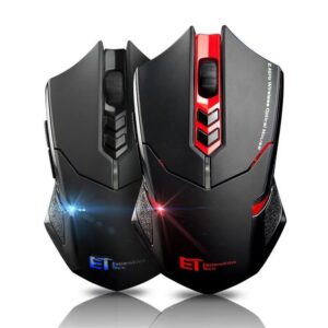 Black wireless mouse with blue light, next to the red version