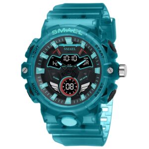 Large dial watch in transparent lake blue