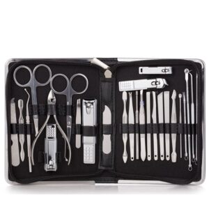 Open black zip case holding the 26-piece stainless steel manicure set, each tool in its own elastic loop