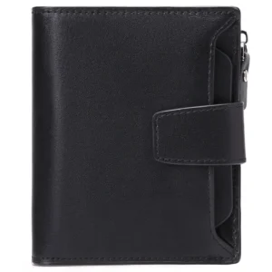 Men's genuine leather bifold wallet shown closed on a flat surface