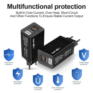 65W GaN dual-port fast charger shown on a desk beside a laptop