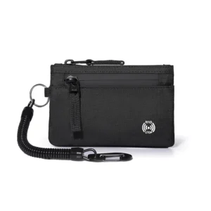 Mini travel wallet with RFID blocking shown closed with zipper