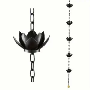 Metal lotus rain chain hanging from a gutter outlet on a porch