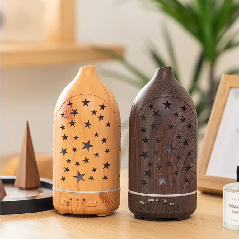 Wood grain humidifier vase on a wooden coffee table in a living room