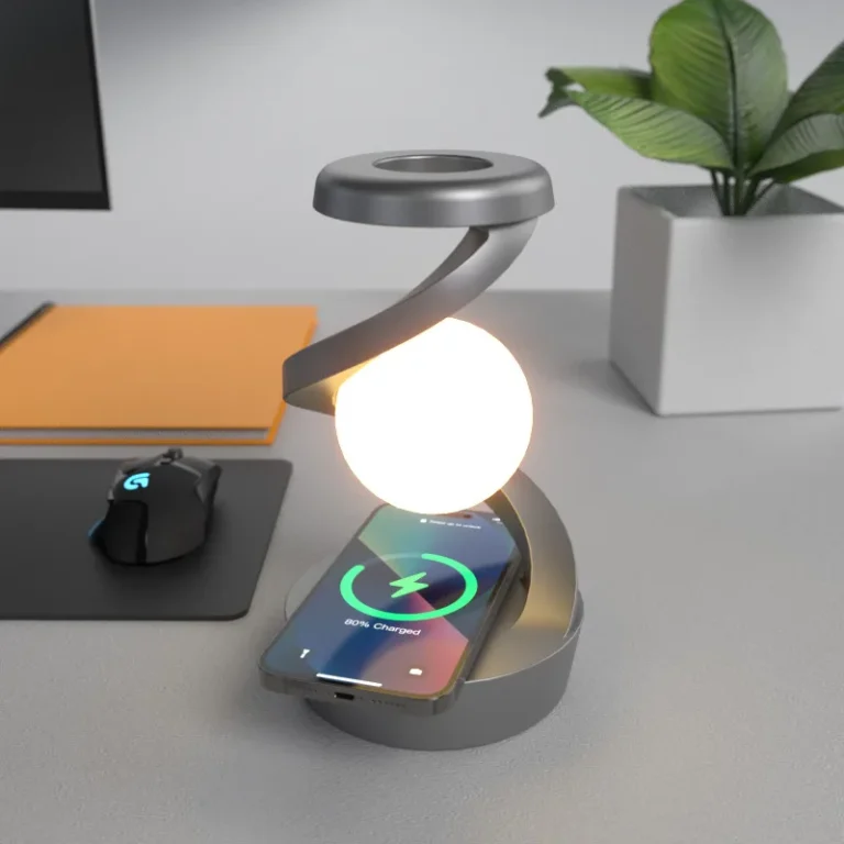 Floating moon lamp glowing with soft RGB light on a nightstand