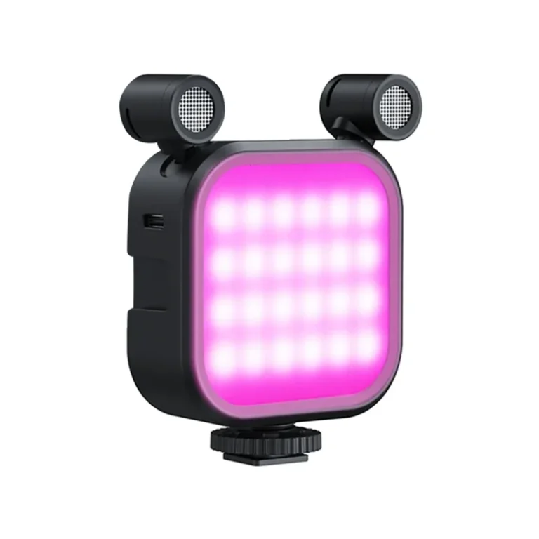 RGB LED mic light mounted on a smartphone for vlogging