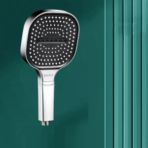 Square filter showerhead nozzle shown attached to a shower arm