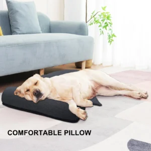 Dark gray dog sleep pillow placed on a living room floor