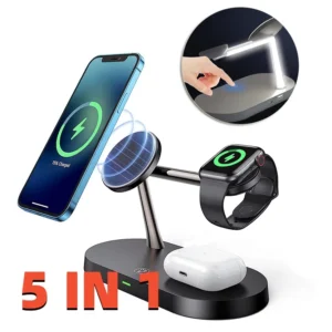 A sleek five-in-one charging station with a magnetic base and night lamp