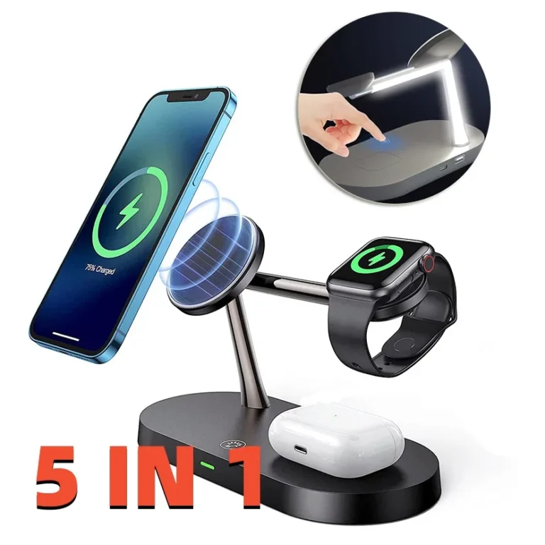 A sleek five-in-one charging station with a magnetic base and night lamp