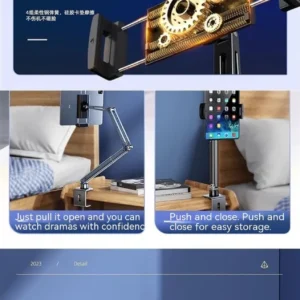 Mechanical cantilever phone stand on a desk with multiple devices